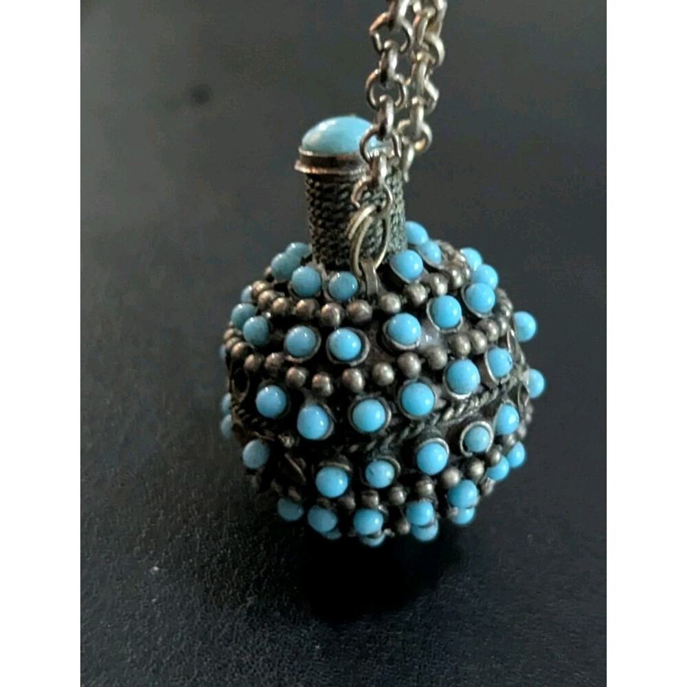 Vtg Turquoise Snuff Scent Bottle Necklace Tibetan Silver Perfume Poison Pendant - Picture 3 of 12